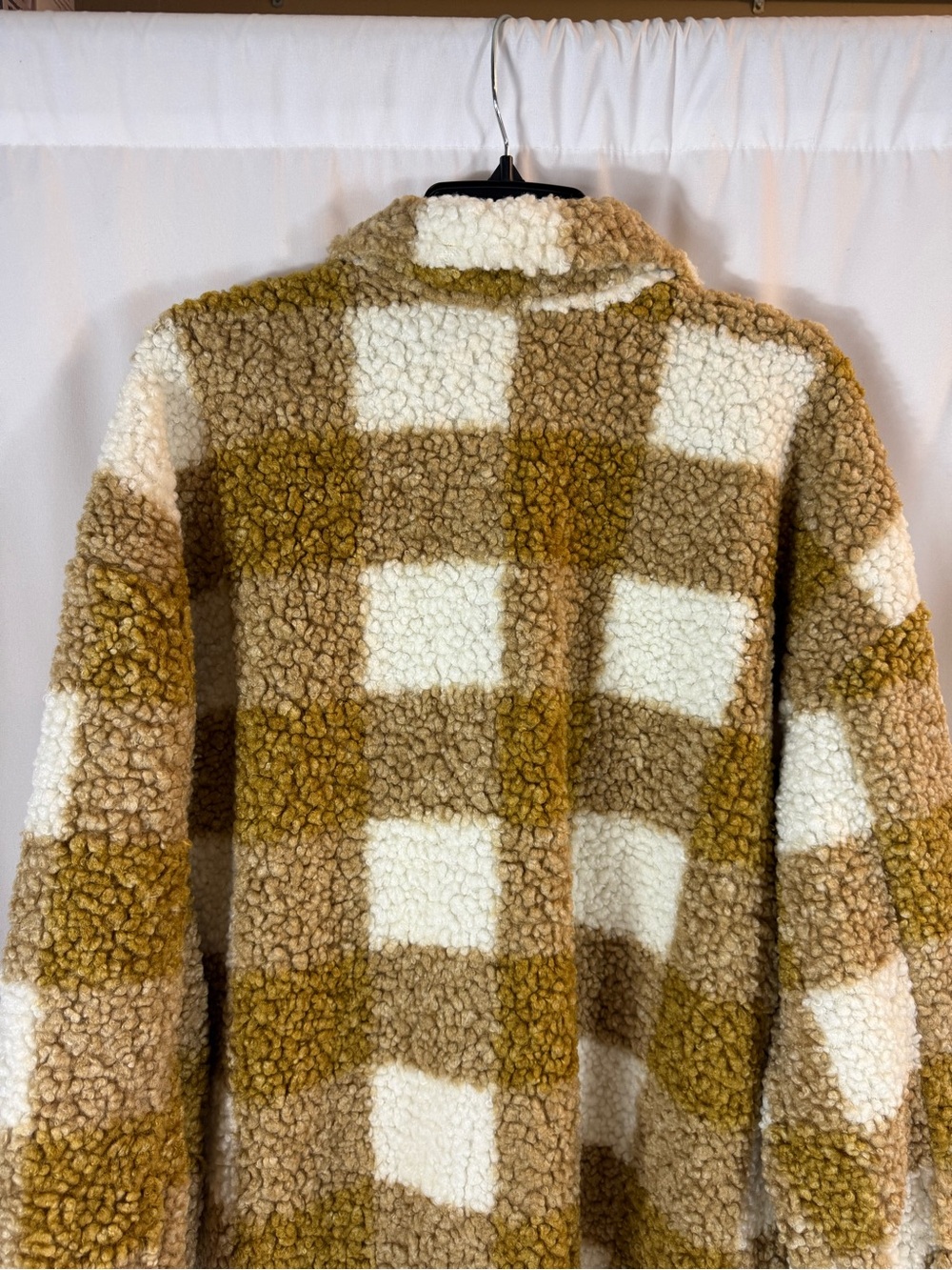 Shop Stevie Plaid Teddy Shacket in white & Tan size: S - Picture 12 of 14